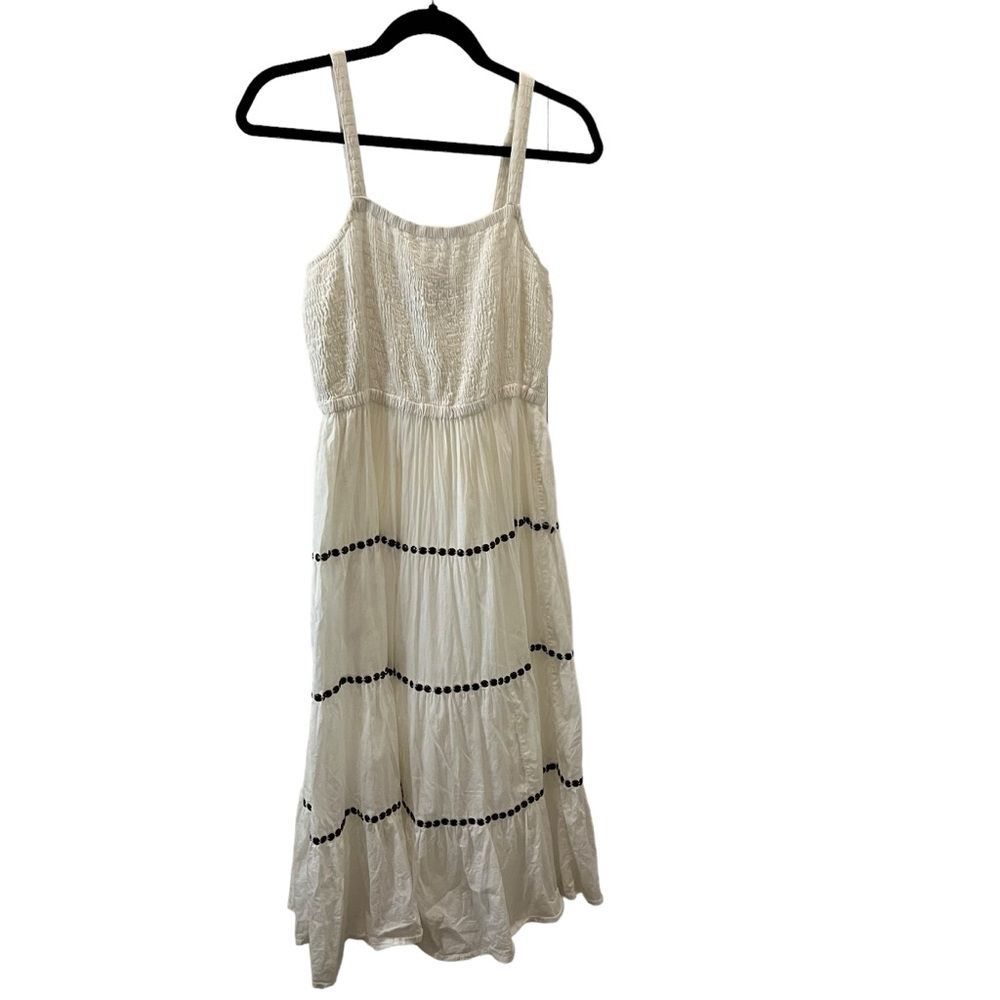 Grace Elements Smocked White Beaded Western Boho Sleeveless Tiered Midi Dress S